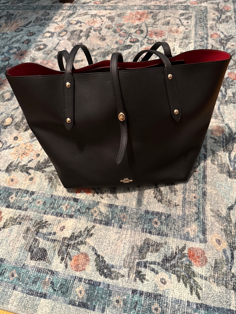 Coach Black Leather Tote with Red Interior